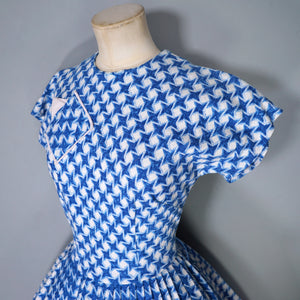 50s BLUE HOUNDTOOTH PEGGY PAGE FULL SKIRTED DRESS WITH POCKETS - S