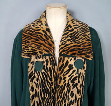 Load image into Gallery viewer, 50s 60s REBERE of MAYFAIR GREEN WOOL WITH FAUX LEOPARD OVER COAT - FREE SIZE