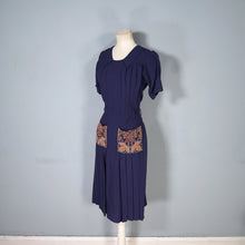 Load image into Gallery viewer, 40s NAVY BLUE RAYON CREPE DRESS WITH BEADED ORANGE POCKETS - XS