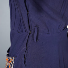 Load image into Gallery viewer, 40s NAVY BLUE RAYON CREPE DRESS WITH BEADED ORANGE POCKETS - XS