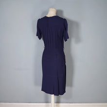 Load image into Gallery viewer, 40s NAVY BLUE RAYON CREPE DRESS WITH BEADED ORANGE POCKETS - XS