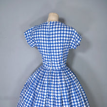 Load image into Gallery viewer, 50s BLUE HOUNDTOOTH PEGGY PAGE FULL SKIRTED DRESS WITH POCKETS - S