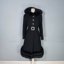 Load image into Gallery viewer, 60s BLACK WOOL COAT BY SIDWALL WITH CELTIC BUCKLE AND SHEEPSKIN HOOD - M