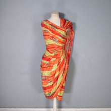 Load image into Gallery viewer, 50s FIREY RED ORANGE AND CHARTREUSE ONE SHOULDER HAWAIIAN DRESS WITH SHOULDER CAPE - S