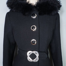 Load image into Gallery viewer, 60s BLACK WOOL COAT BY SIDWALL WITH CELTIC BUCKLE AND SHEEPSKIN HOOD - M