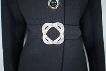 Load image into Gallery viewer, 60s BLACK WOOL COAT BY SIDWALL WITH CELTIC BUCKLE AND SHEEPSKIN HOOD - M