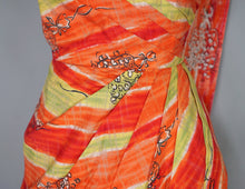 Load image into Gallery viewer, 50s FIREY RED ORANGE AND CHARTREUSE ONE SHOULDER HAWAIIAN DRESS WITH SHOULDER CAPE - S