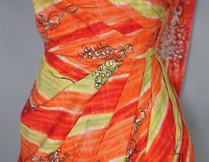 50s FIREY RED ORANGE AND CHARTREUSE ONE SHOULDER HAWAIIAN DRESS WITH SHOULDER CAPE - S