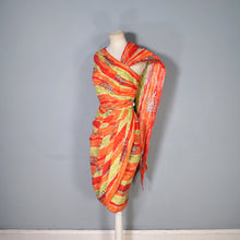 Load image into Gallery viewer, 50s FIREY RED ORANGE AND CHARTREUSE ONE SHOULDER HAWAIIAN DRESS WITH SHOULDER CAPE - S