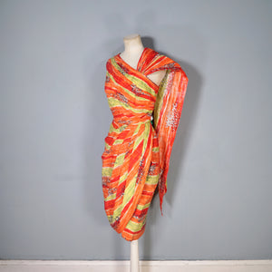 50s FIREY RED ORANGE AND CHARTREUSE ONE SHOULDER HAWAIIAN DRESS WITH SHOULDER CAPE - S