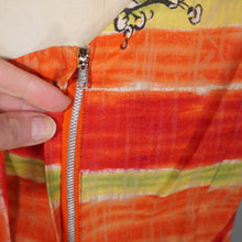 Load image into Gallery viewer, 50s FIREY RED ORANGE AND CHARTREUSE ONE SHOULDER HAWAIIAN DRESS WITH SHOULDER CAPE - S