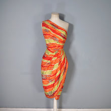 Load image into Gallery viewer, 50s FIREY RED ORANGE AND CHARTREUSE ONE SHOULDER HAWAIIAN DRESS WITH SHOULDER CAPE - S