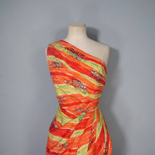 Load image into Gallery viewer, 50s FIREY RED ORANGE AND CHARTREUSE ONE SHOULDER HAWAIIAN DRESS WITH SHOULDER CAPE - S