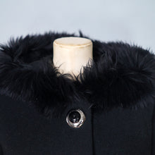 Load image into Gallery viewer, 60s BLACK WOOL COAT BY SIDWALL WITH CELTIC BUCKLE AND SHEEPSKIN HOOD - M