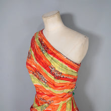 Load image into Gallery viewer, 50s FIREY RED ORANGE AND CHARTREUSE ONE SHOULDER HAWAIIAN DRESS WITH SHOULDER CAPE - S