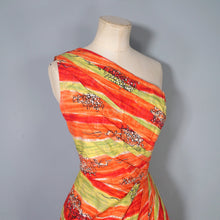 Load image into Gallery viewer, 50s FIREY RED ORANGE AND CHARTREUSE ONE SHOULDER HAWAIIAN DRESS WITH SHOULDER CAPE - S