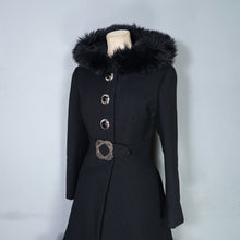 Load image into Gallery viewer, 60s BLACK WOOL COAT BY SIDWALL WITH CELTIC BUCKLE AND SHEEPSKIN HOOD - M