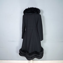 Load image into Gallery viewer, 60s BLACK WOOL COAT BY SIDWALL WITH CELTIC BUCKLE AND SHEEPSKIN HOOD - M