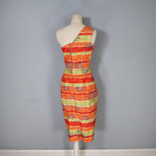 Load image into Gallery viewer, 50s FIREY RED ORANGE AND CHARTREUSE ONE SHOULDER HAWAIIAN DRESS WITH SHOULDER CAPE - S