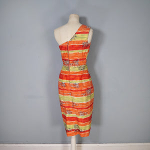 50s FIREY RED ORANGE AND CHARTREUSE ONE SHOULDER HAWAIIAN DRESS WITH SHOULDER CAPE - S