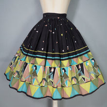 Load image into Gallery viewer, 50s 60s NOVELTY BLACK AND GREEN PEOPLE ART BORDER PRINT FULL SKIRT - 25"