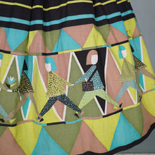 Load image into Gallery viewer, 50s 60s NOVELTY BLACK AND GREEN PEOPLE ART BORDER PRINT FULL SKIRT - 25"
