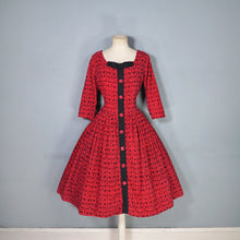 Load image into Gallery viewer, 50s RED AND BLACK ANIMAL FOLK PRINT FULL SKIRTED CORDUROY DRESS - M