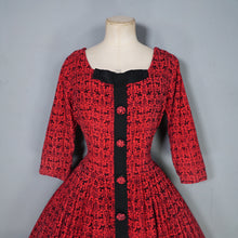 Load image into Gallery viewer, 50s RED AND BLACK ANIMAL FOLK PRINT FULL SKIRTED CORDUROY DRESS - M