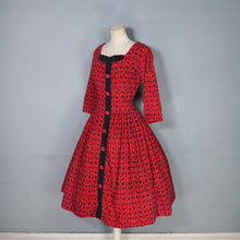 Load image into Gallery viewer, 50s RED AND BLACK ANIMAL FOLK PRINT FULL SKIRTED CORDUROY DRESS - M