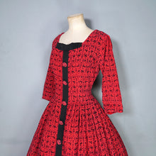 Load image into Gallery viewer, 50s RED AND BLACK ANIMAL FOLK PRINT FULL SKIRTED CORDUROY DRESS - M