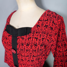 Load image into Gallery viewer, 50s RED AND BLACK ANIMAL FOLK PRINT FULL SKIRTED CORDUROY DRESS - M