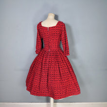 Load image into Gallery viewer, 50s RED AND BLACK ANIMAL FOLK PRINT FULL SKIRTED CORDUROY DRESS - M
