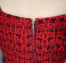 Load image into Gallery viewer, 50s RED AND BLACK ANIMAL FOLK PRINT FULL SKIRTED CORDUROY DRESS - M