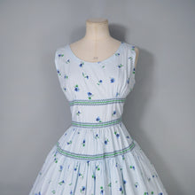 Load image into Gallery viewer, 50s LIGHT BLUE VIOLET FLOWER PRINT CALIFORNIA COTTONS DRESS - S