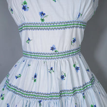 Load image into Gallery viewer, 50s LIGHT BLUE VIOLET FLOWER PRINT CALIFORNIA COTTONS DRESS - S