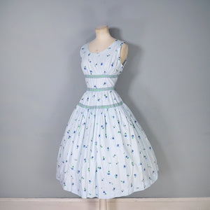 50s LIGHT BLUE VIOLET FLOWER PRINT CALIFORNIA COTTONS DRESS - S