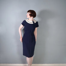 Load image into Gallery viewer, 60s NAVY BLUE RAYON WIGGLE DRESS WITH LACE COLLAR - S