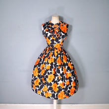 Load image into Gallery viewer, 60s VIVID AND BLACK ORANGE FLORAL ROSE PRINT RUFFLED COTTON DRESS - S
