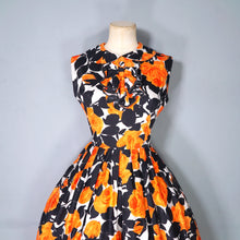 Load image into Gallery viewer, 60s VIVID AND BLACK ORANGE FLORAL ROSE PRINT RUFFLED COTTON DRESS - S