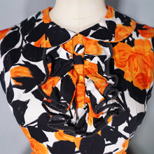 Load image into Gallery viewer, 60s VIVID AND BLACK ORANGE FLORAL ROSE PRINT RUFFLED COTTON DRESS - S