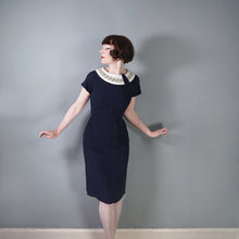 Load image into Gallery viewer, 60s NAVY BLUE RAYON WIGGLE DRESS WITH LACE COLLAR - S