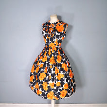 Load image into Gallery viewer, 60s VIVID AND BLACK ORANGE FLORAL ROSE PRINT RUFFLED COTTON DRESS - S