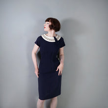 Load image into Gallery viewer, 60s NAVY BLUE RAYON WIGGLE DRESS WITH LACE COLLAR - S