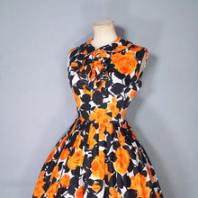 Load image into Gallery viewer, 60s VIVID AND BLACK ORANGE FLORAL ROSE PRINT RUFFLED COTTON DRESS - S