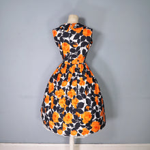 Load image into Gallery viewer, 60s VIVID AND BLACK ORANGE FLORAL ROSE PRINT RUFFLED COTTON DRESS - S