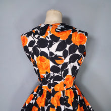 Load image into Gallery viewer, 60s VIVID AND BLACK ORANGE FLORAL ROSE PRINT RUFFLED COTTON DRESS - S