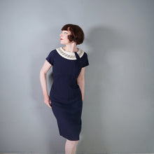 Load image into Gallery viewer, 60s NAVY BLUE RAYON WIGGLE DRESS WITH LACE COLLAR - S