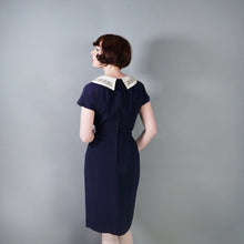 Load image into Gallery viewer, 60s NAVY BLUE RAYON WIGGLE DRESS WITH LACE COLLAR - S