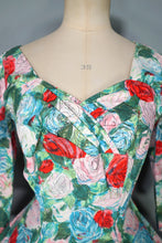 Load image into Gallery viewer, 50s REMBRANDT PAINTERLY FLORAL ROSE PRINT FIT AND FLARE DRESS - S-M