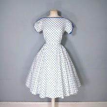 Load image into Gallery viewer, 60s BLUE WHITE ROSEBUD FLORAL AND POLKA DOT PRINT COTTON DAY DRESS - XS / petite fit